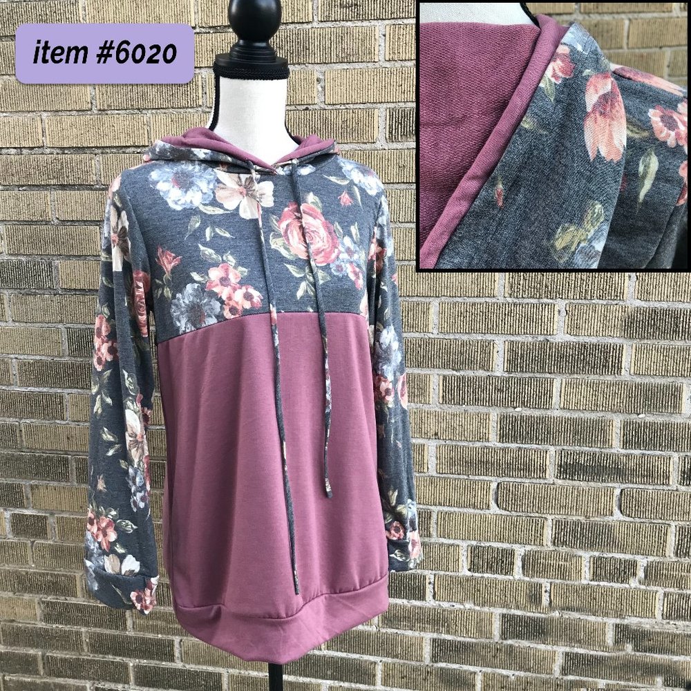 Split Print Floral Hoodie Dusty Mauve